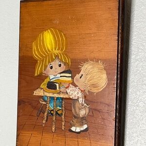 Vtg Kitschy Hand painted Wooden Plaque Featuring Boy And Girl 1970s Big Eyed
